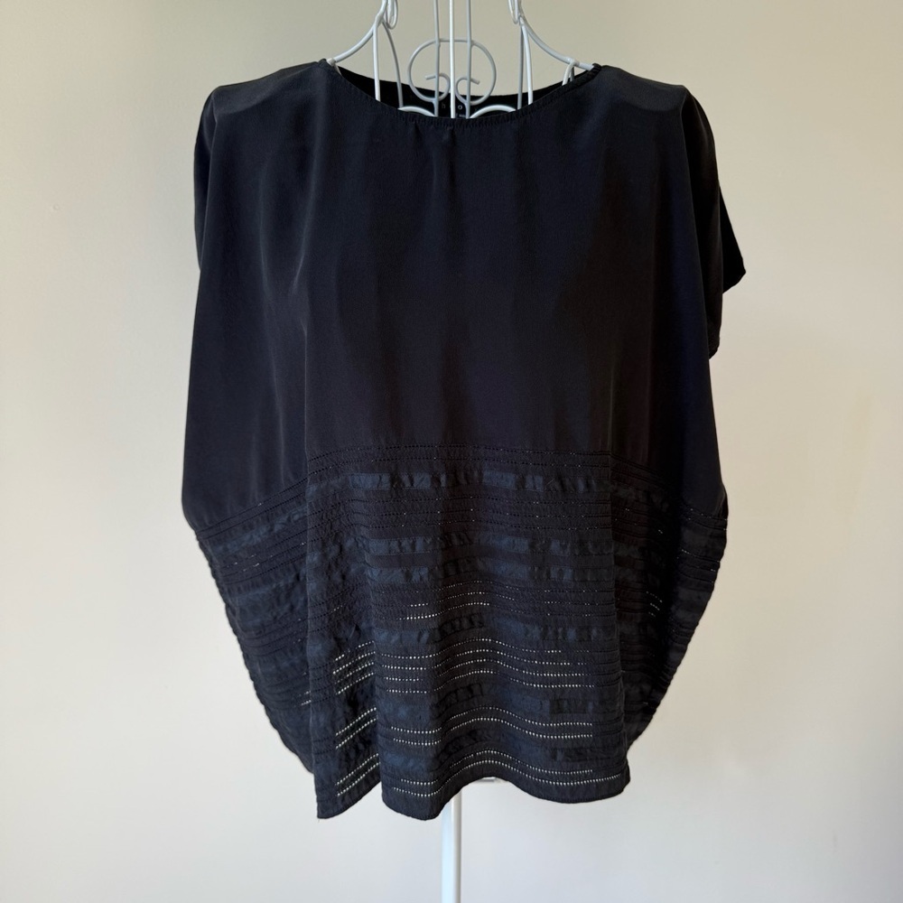 Theory Black Silk Dolman Sleeve Blouse Textured Hem Size P Minimalist boxy